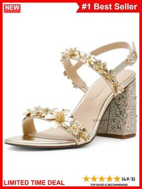 Rhinestone Block Heel Ankle Strap Sandal Wedding Formal Evening Shoe